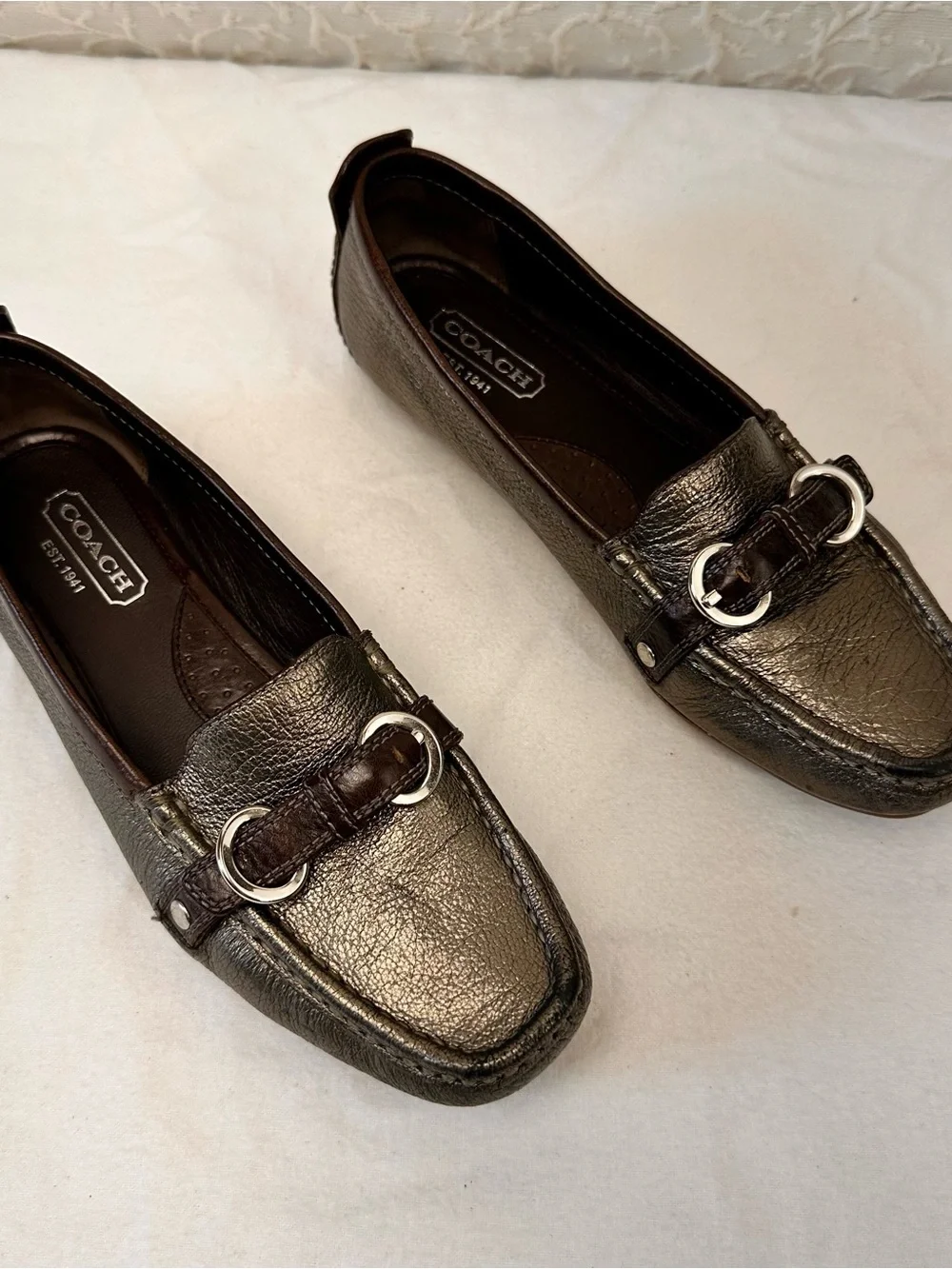 Coach Metallic Gray Leather Bit Loafers - Women's